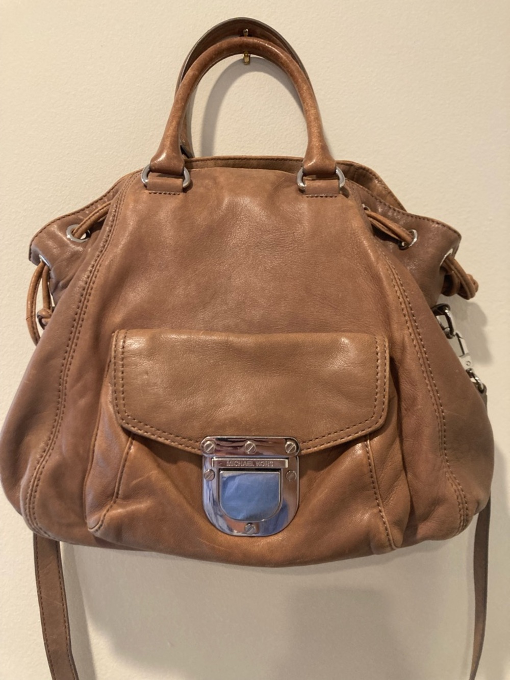 Michael Kors Tan Leather Shoulder Satchel Bag, Front Flap with Crossbody Strap
